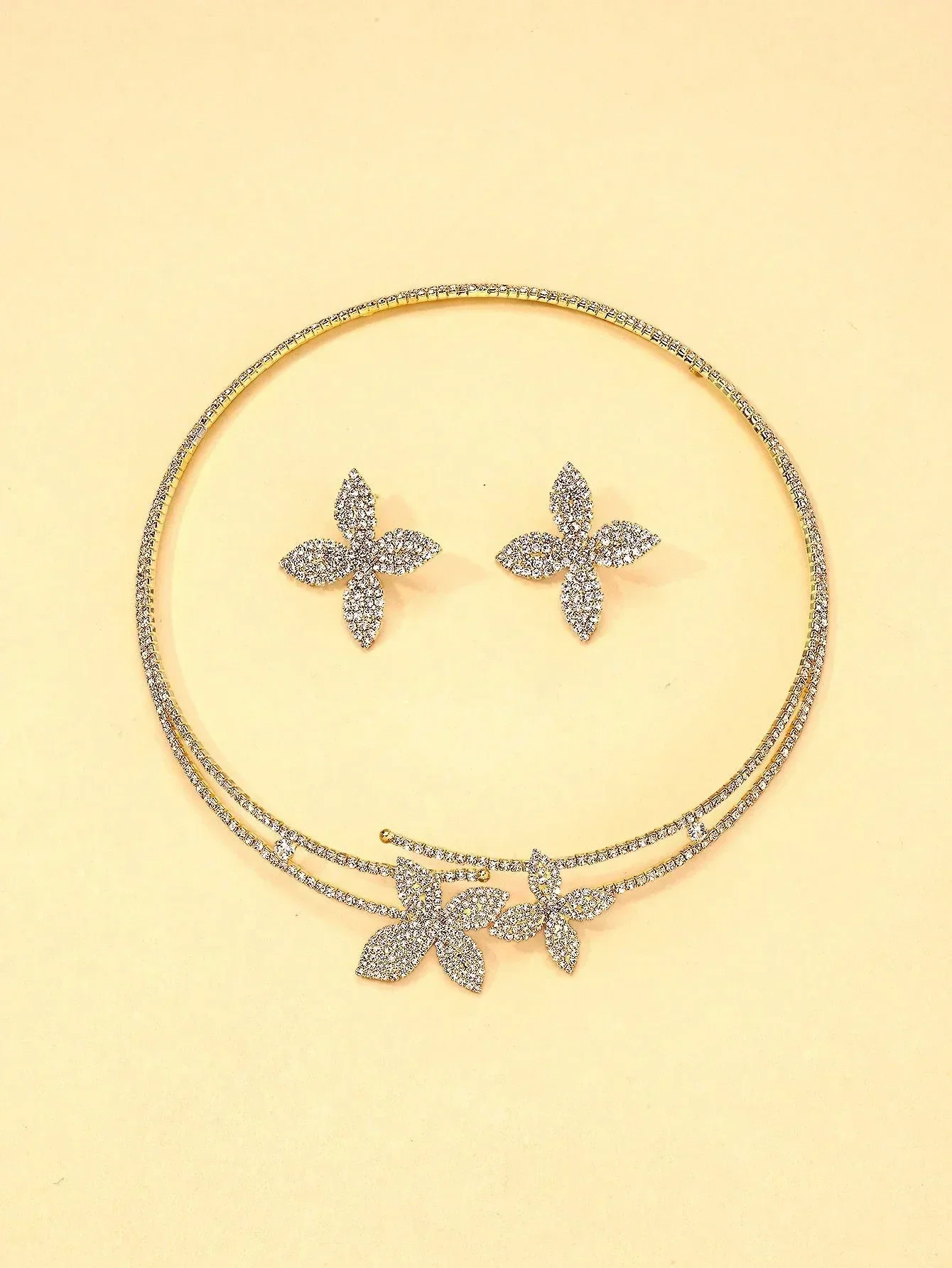 

Rhinestone Floral Choker Necklace And Earring Set For Evening Party Wear
