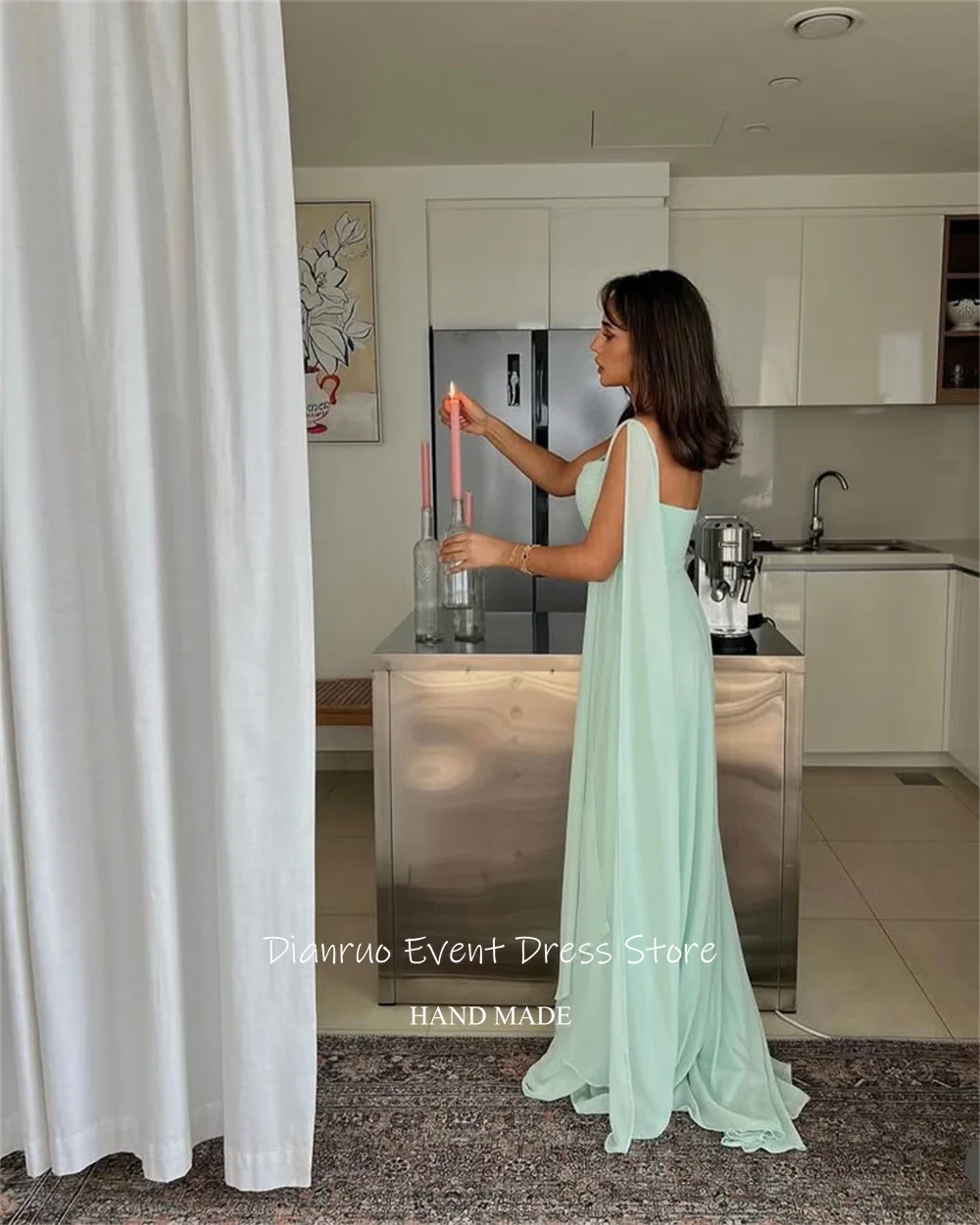 Dianruo vert clair robes De soirée plissées une ligne Dubai robes De Festa moderne en mousseline De soie chérie robes De Gala personnalisé