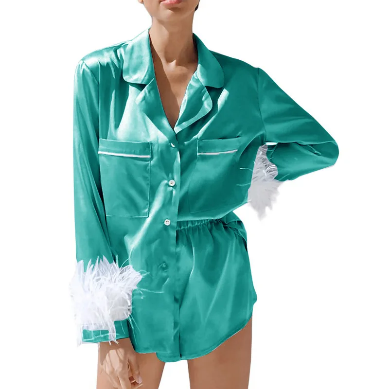 Women's Pajama Patch Feather Cuffs Solid Color Long Sleeve Collar Button Shirt With Shorts Loose 2-piece Set
