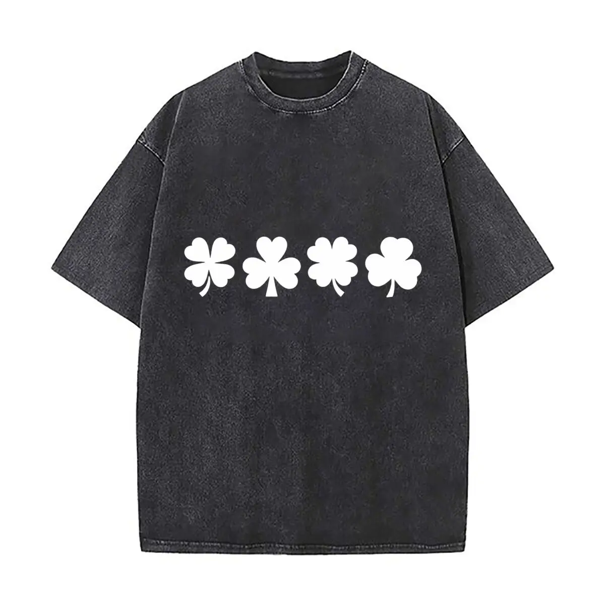 Irish Shamrock Four Leaf Clover Pattern Washed Short Sleeve Loose Streetwear Tee Hip Hop