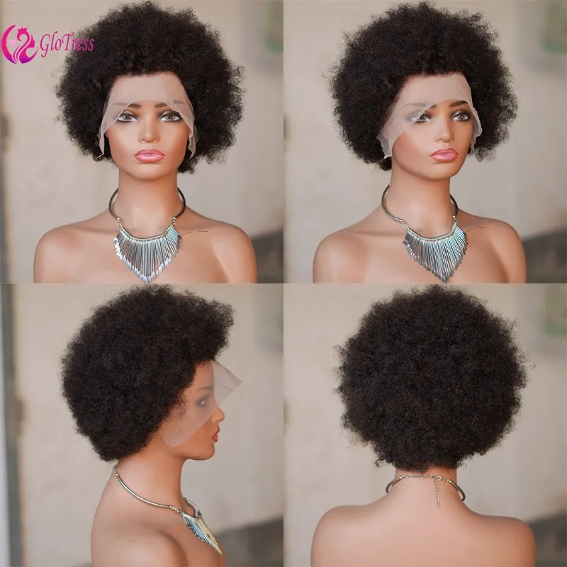 Hochwertige 8 Zoll Afro Kinky Curly Pixie Brasilianische Echthaar-Perücke, 13x4 Frontal-Spitzenperücke, 250% Dichte – Detail 2