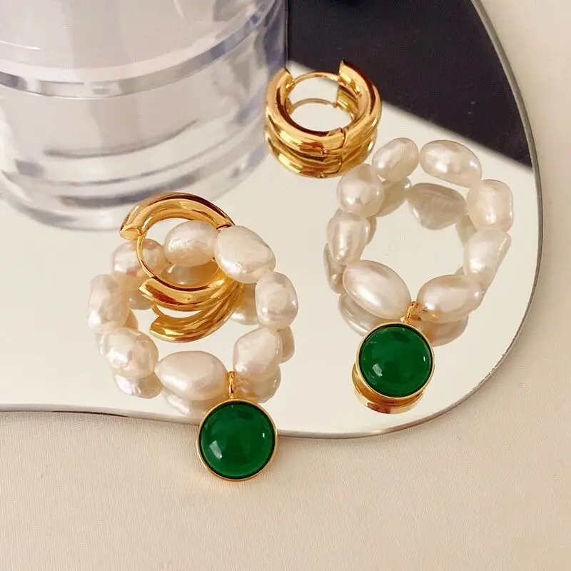 

Brass Vintage Green Stone Natural Pearl Earrings Women Jewelry Party Boho T Show Gown Runway Rare Korean Japan Trendy