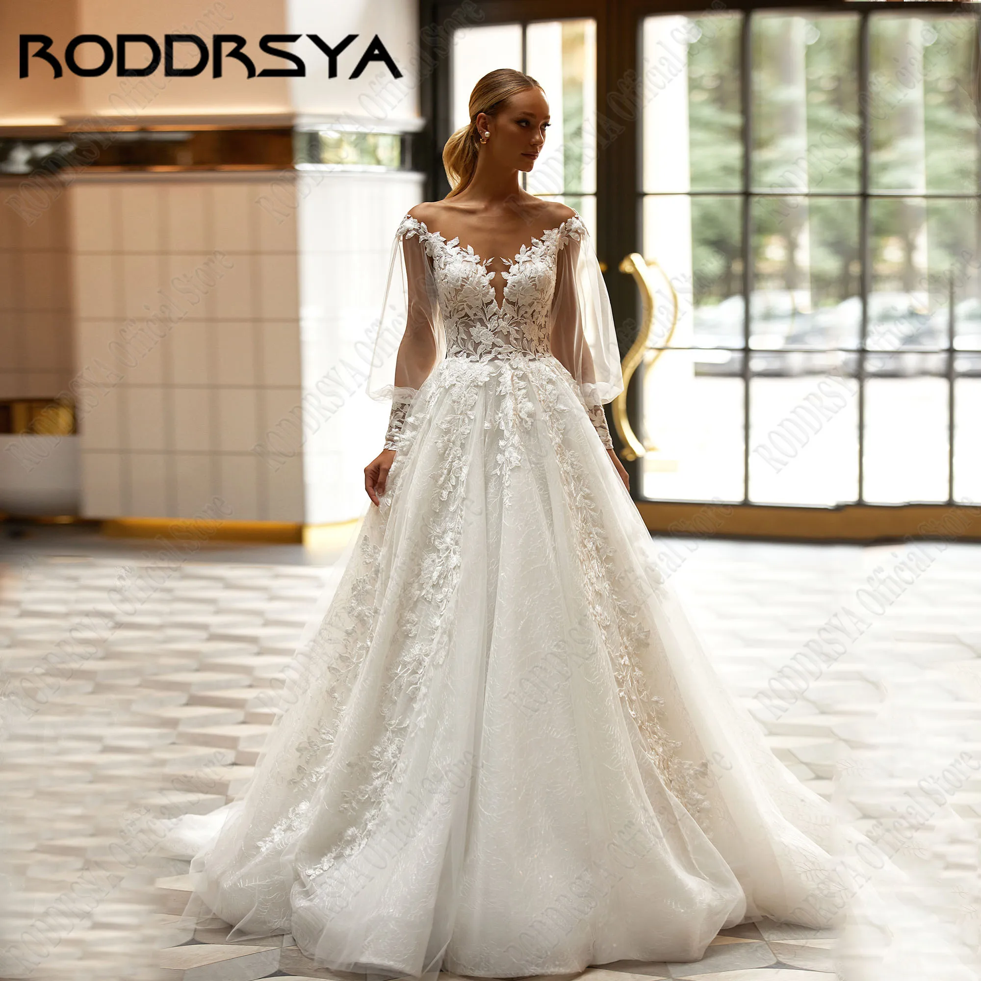 

RODDRSYA Glitter Lace Wedding Dresses Scoop Neck Applique Long Sleeves Bridal Gowns A-Line Illusion Back Princess Robe De Mariée