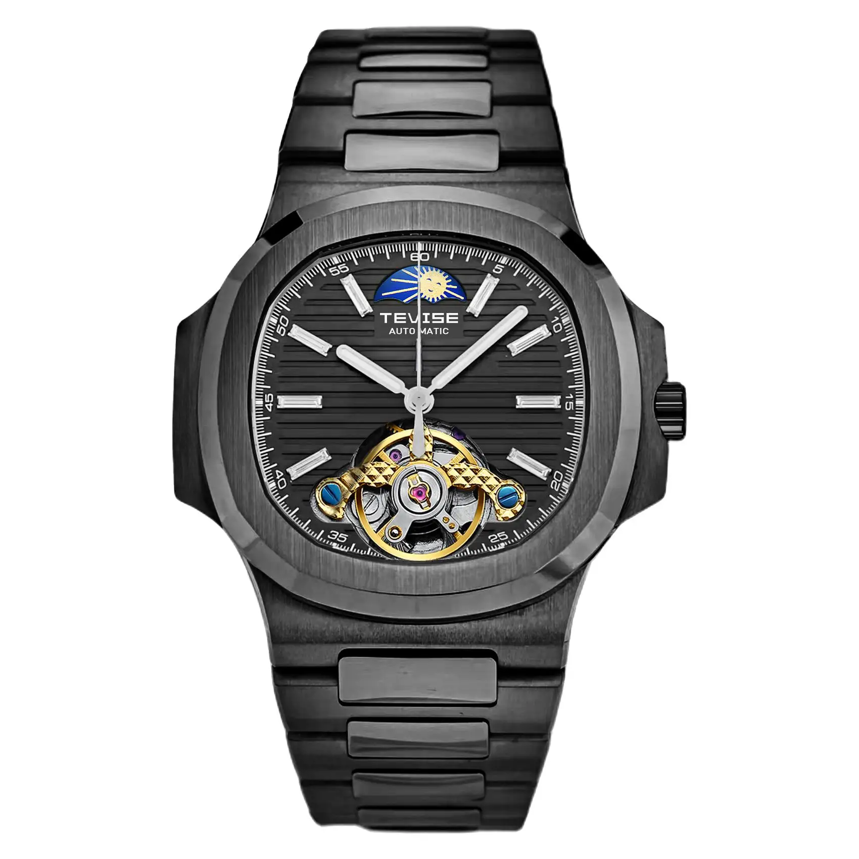 TEVIS high-end Men's Large Retro Square Dial Automatic Mechanical Watch with Transparent Case Stainless Steel Strap And Alloy Case