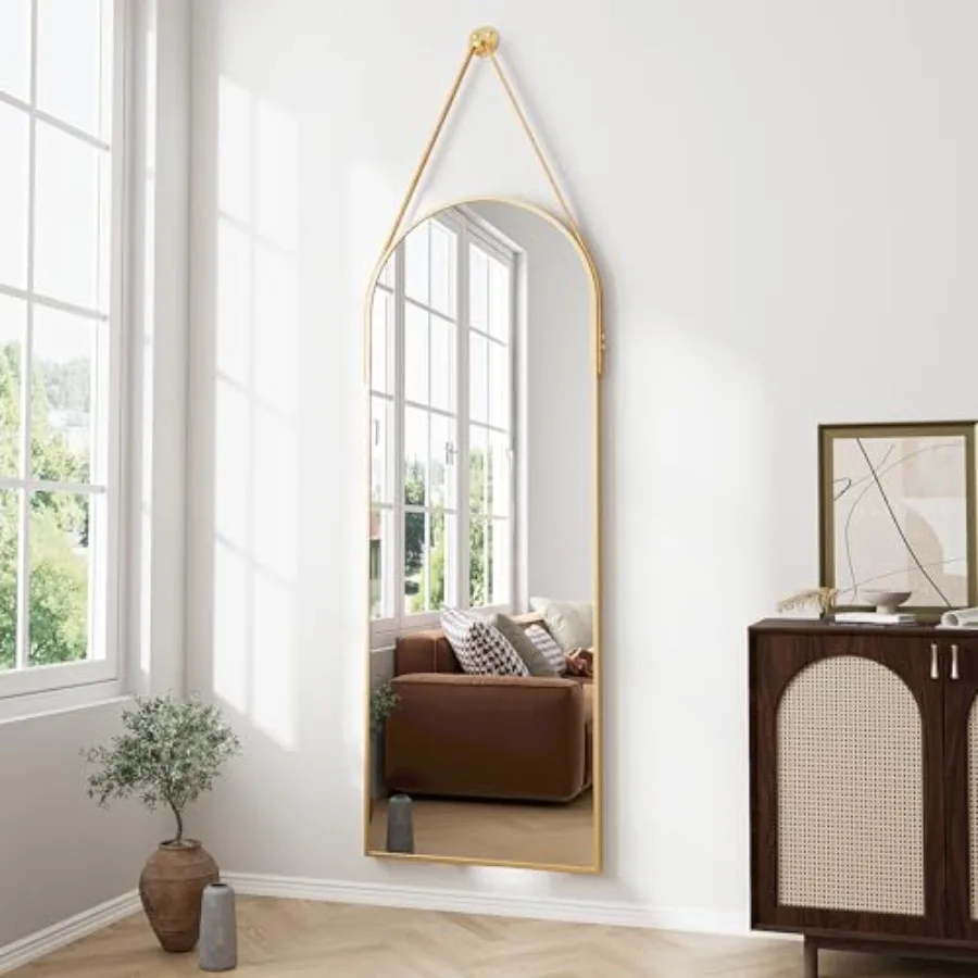

Full Length Mirror, Arched Wall Mounted Mirror, 48x16 Door Mirrors with Hanging Leather Strap, Wall Mirrors Full Length with Al
