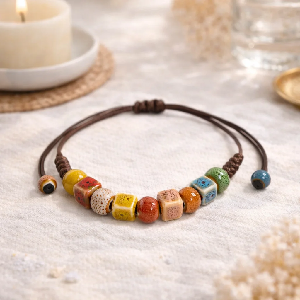 Colorful Square Ceramic Bead Bracelet Handmade Adjustable Wax Cord Vintage Porcelain Beaded Bracelet Boho Jewelry Gift for Women
