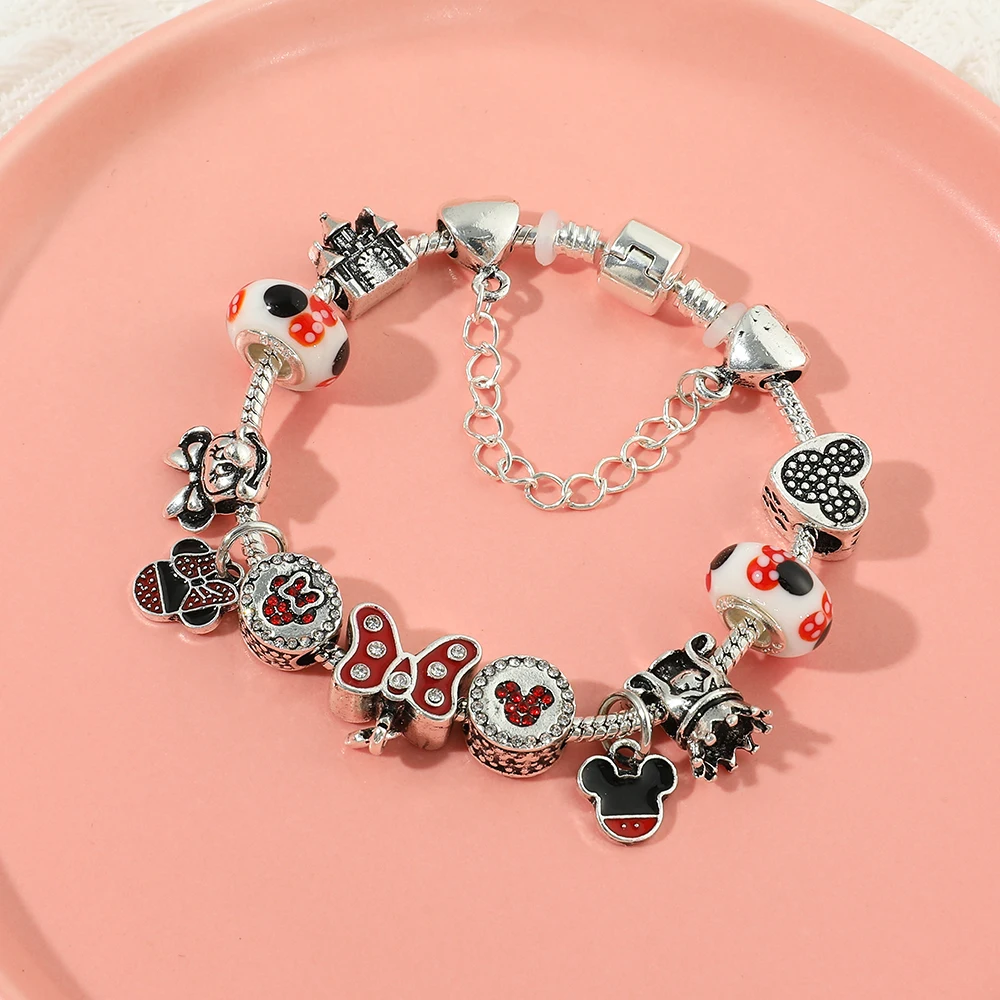 Disney Mickey Mouse Bracelet Chain Base Crystal Minnie Clips Charms for Bracelets Women Basic Jewelry Girl Beads Accessories DIY