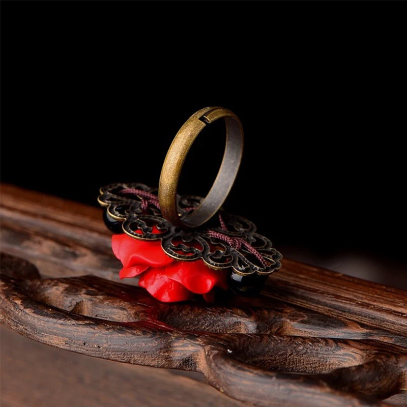 RetroGem Jewelry Gothic Style Adjustable Red Rose Flower Antique Bronze Rings for Women Trendy Vintage Party Wedding Accessories