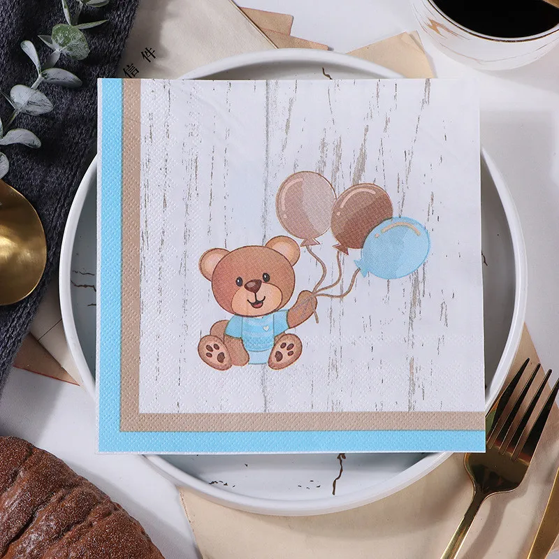 20pcs/pack Creative Theme Blue Bear Balloon Printed Napkins Paper Cocktail Square Dinner Birthday Baby Shower Decoration