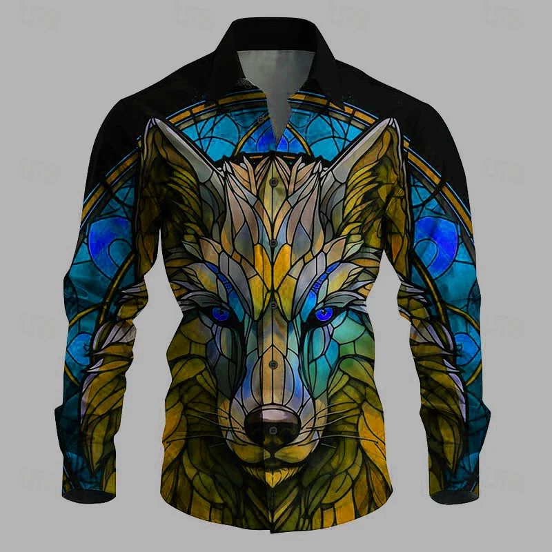 Fashion National Totem Men Casual Stylish Lapel Button Shirt 3D HD Print Wolf Totem Blue Purple Red Series Men's Tops Plus Size