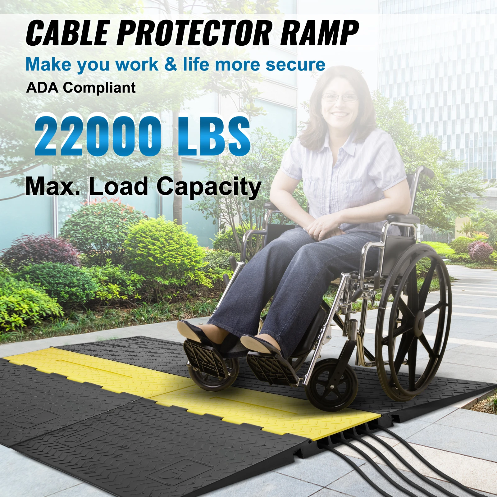 VEVOR Rubber Cable Protector Ramp 5 Channel 22000 lbs/axle Capacity Heavy Duty Wire Cover Ramp ADA Compliant for Indoor&Outdoor