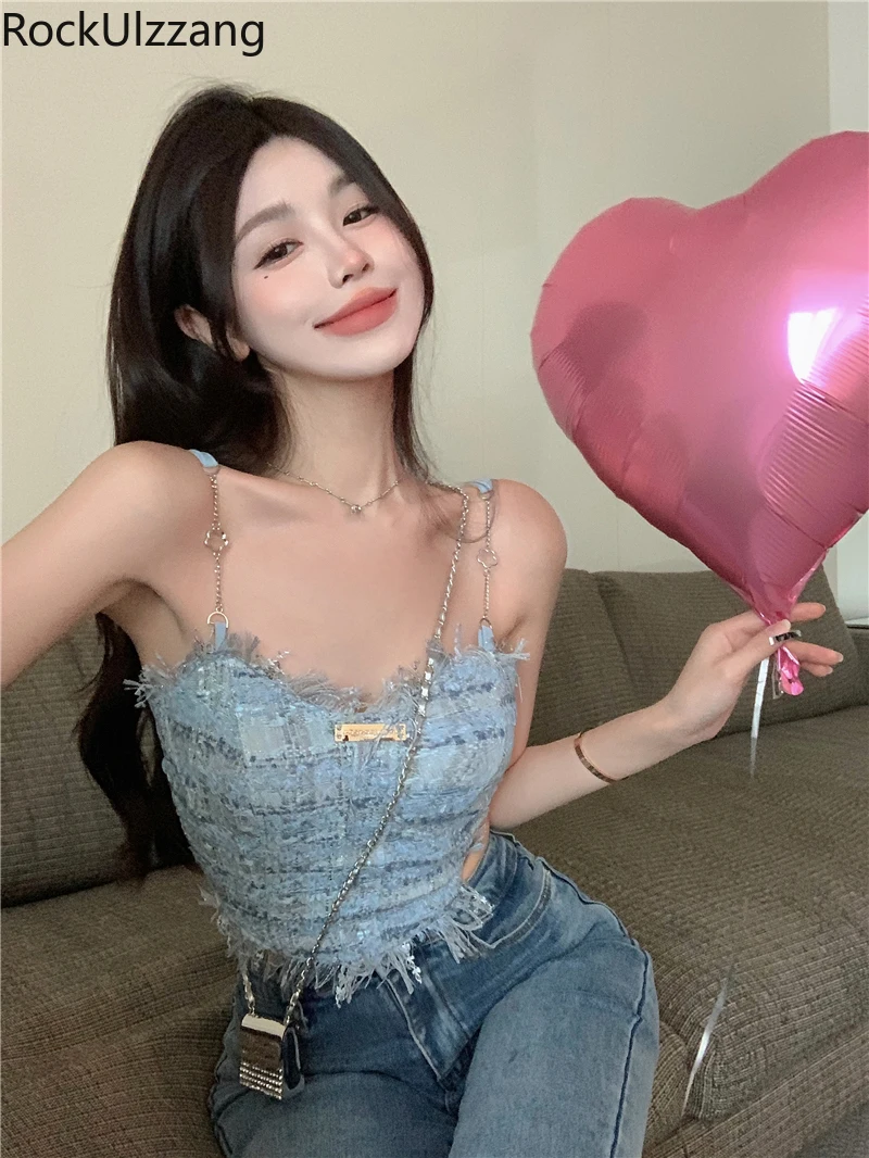 

Blue Frill Tassel Tweed Back Elastic Strap Camis Sexy Bustier Crop Top Camisole y2k korean clothes women cropped fashion grunge