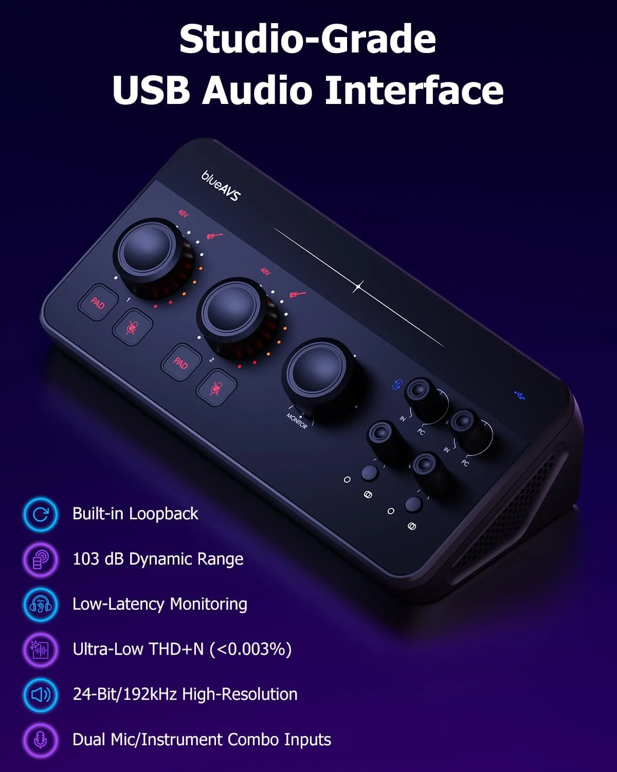 BlueAVS BlueCaster TWO Audio Interface Sound Card for PC Gaming Streaming Podcast Recording with XLR Microphone
