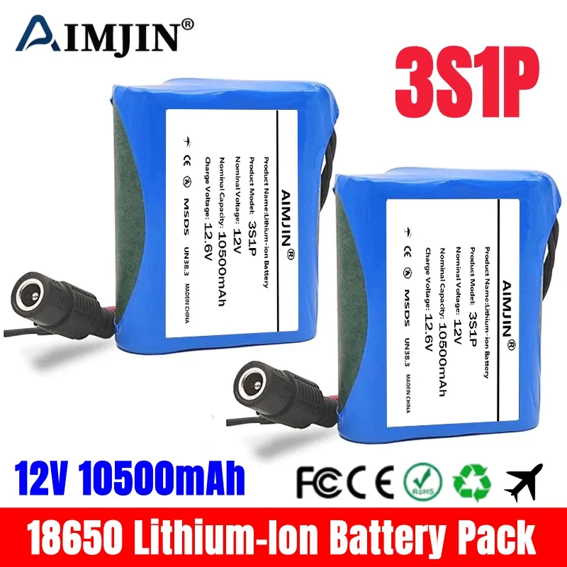 12V 3S1P 10500mAh 18650 Lithium Ion Battery Pack with Protection Plate DC 12.6V Super Rechargeable Battery And Charger Set