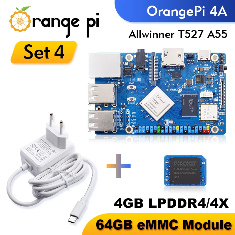 Orange Pi 4A 4GB RAM + 64GB eMMC Module + Power Supply Allwinner T527 WiFi+BT5.0 BLE M2 NVMe SSD 2TOPS NPU Single Board Computer