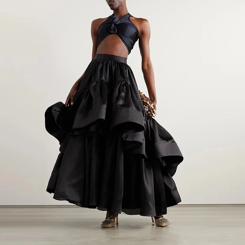 Black Satin Long Skirts Girls Birthday Party Women Prom Party Formal Wear A Line Lady High Waist Skirt Tiered Wedding Skirts