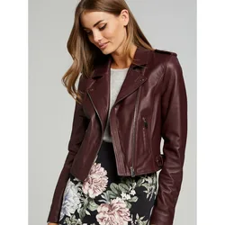 Women's Leather Jacket Burgundy Biker Motorcycle Pure Lambskin Coat Fashion Trends