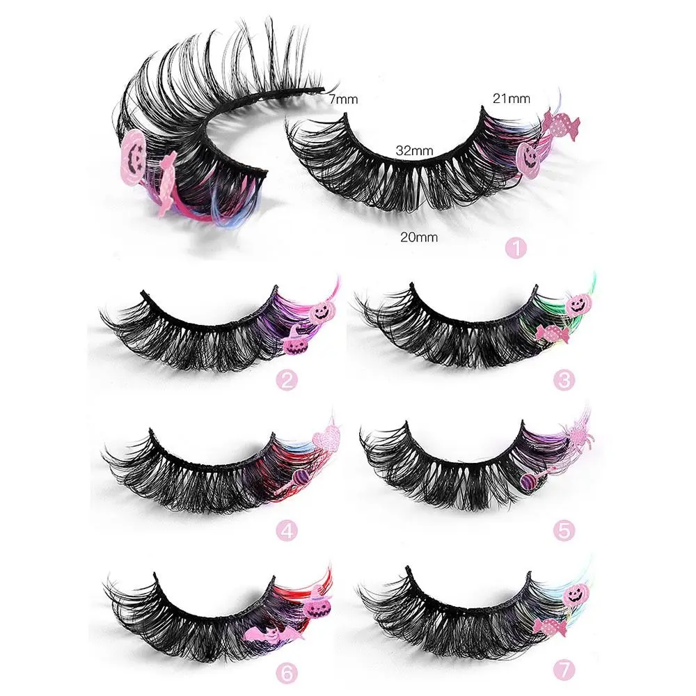 7 คู่ขนตาปลอมสีสันหนาค้างคาวฮาโลวีนเลื่อม Mink Eyelashes ฟักทองแม่มด Full Strip