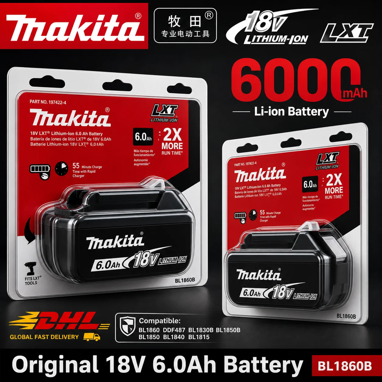 

6.0Ah 18V Makita 100% Genuine Rechargeable Battery Compatible with BL1840 BL1850B BL1860 Series
