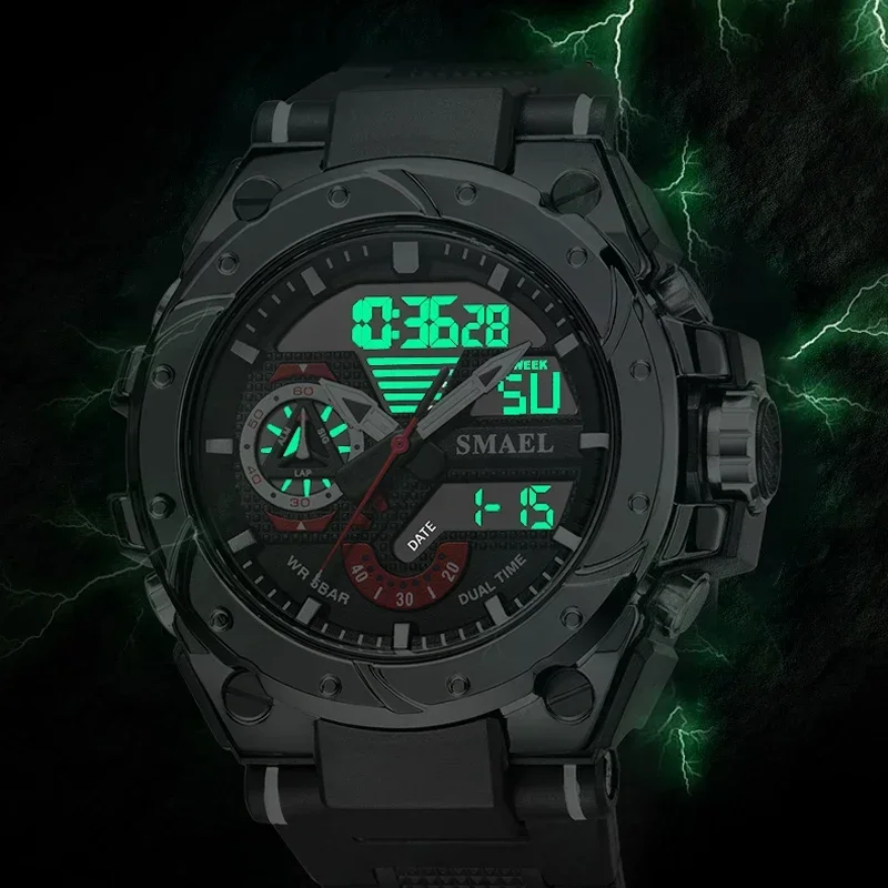 SMAEL Analog Quartz Watch For Men Digital Sports Watches Mens Dual Display Alarm Wristwatch Waterproof Military Luxury Man Clock