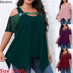 Plus Size 5XL 6XL Casual Short Sleeve Tee Shirts for Fat Ladies Soft Sequin Hollow Out Oversized  Blouse Women Summer Clothing