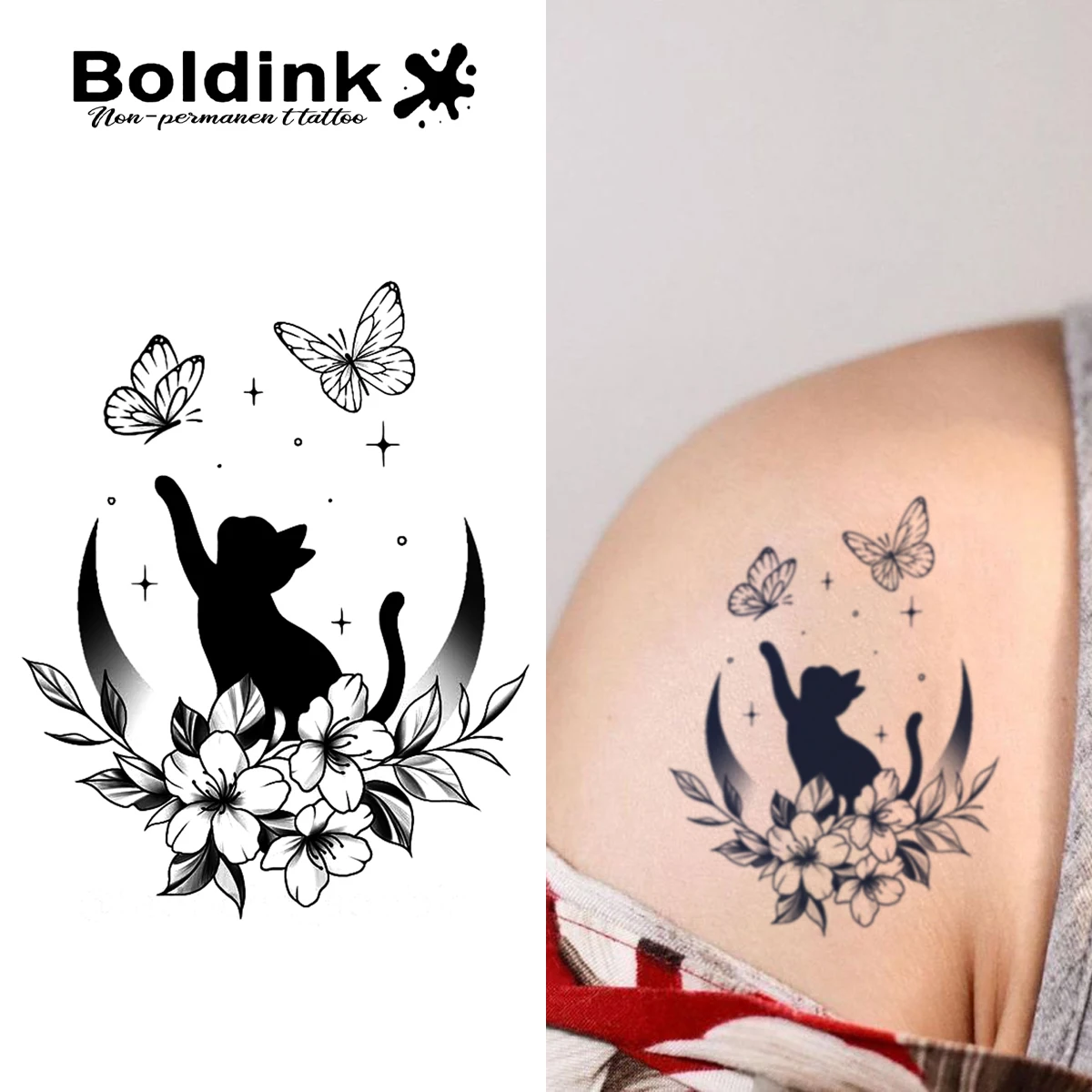 BOLDINK Exquisite Cat Butterfly Flower Embroidery Tattoo Stickers Fashionable Versatile Waterproof Durable up to 2 Weeks
