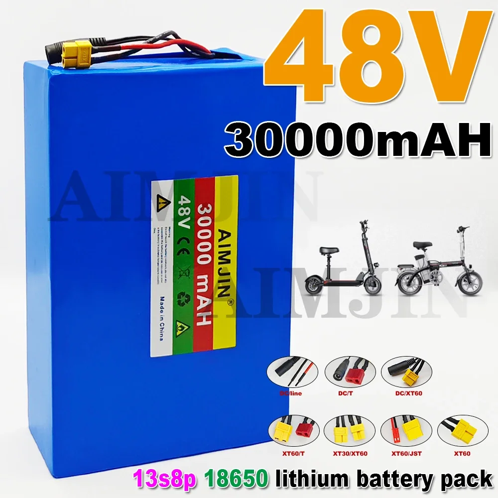 48V 30Ah 30000mAh 18650 lithium battery pack 13S8P large capacity suitable for 48V 250-1500W built-in BMS+54.6V2A charger