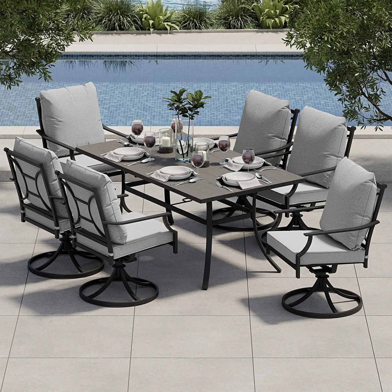 

7-Piece Patio Dining Set 6 E-Coated Outdoor Dining Set Swivel Patio Dining Chairs Olefin Cushions & 1 Black Rectangular Faux