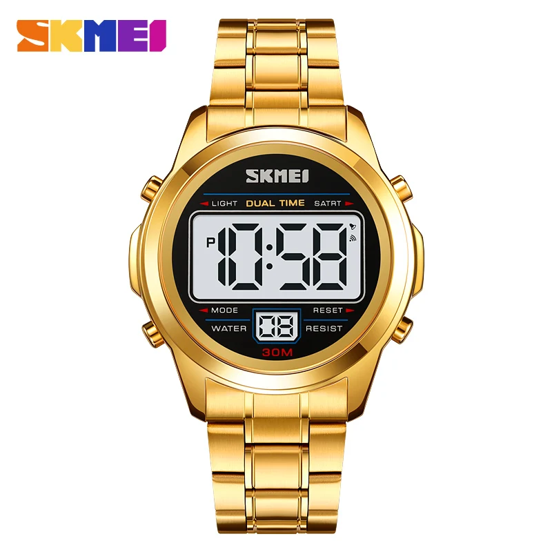 

SKMEI Top Brand Luxury Stainless Steel Chrono Electronic Sports Watches Mens Waterproof Digital Wristwatch Alarm Date Week Clock