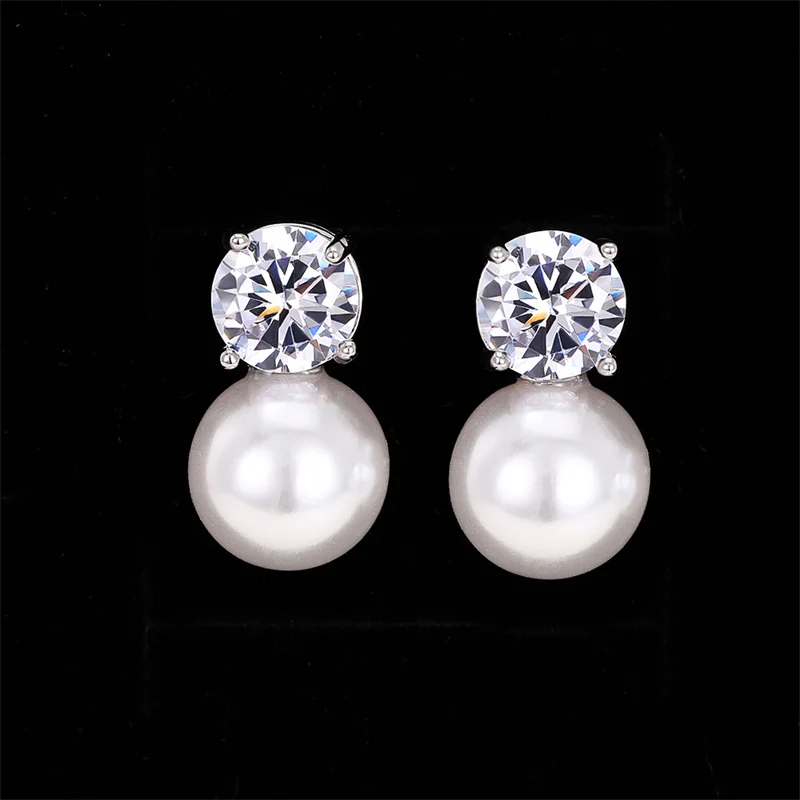 Huitan Dainty Women Imitation Pearl Stud Earrings Silver Color Eternity Wedding Earrings Daily Wear Temperament Elegant Jewelry