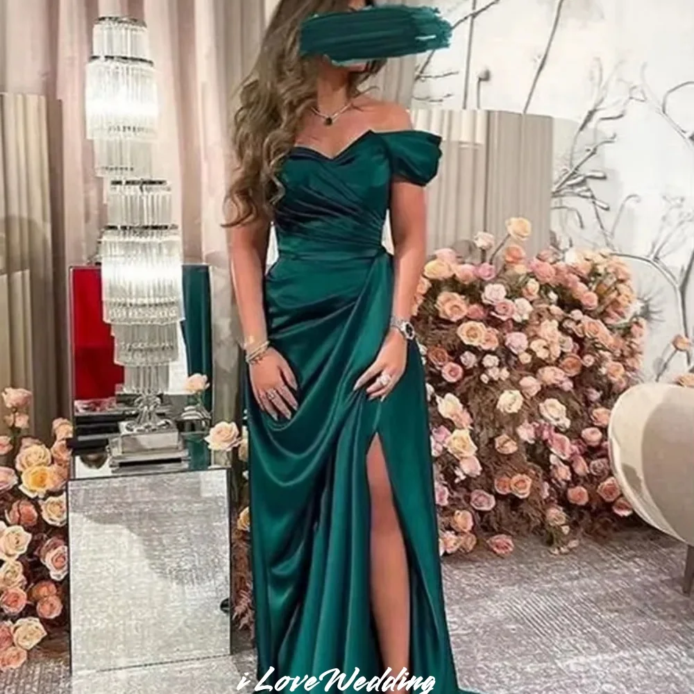 

Emerald Off Shoulder Bridesmaid Dress 2025 Satin Sweetheart Pleat Mermaid Side Split Sweet Train Wedding Party Dress Customized
