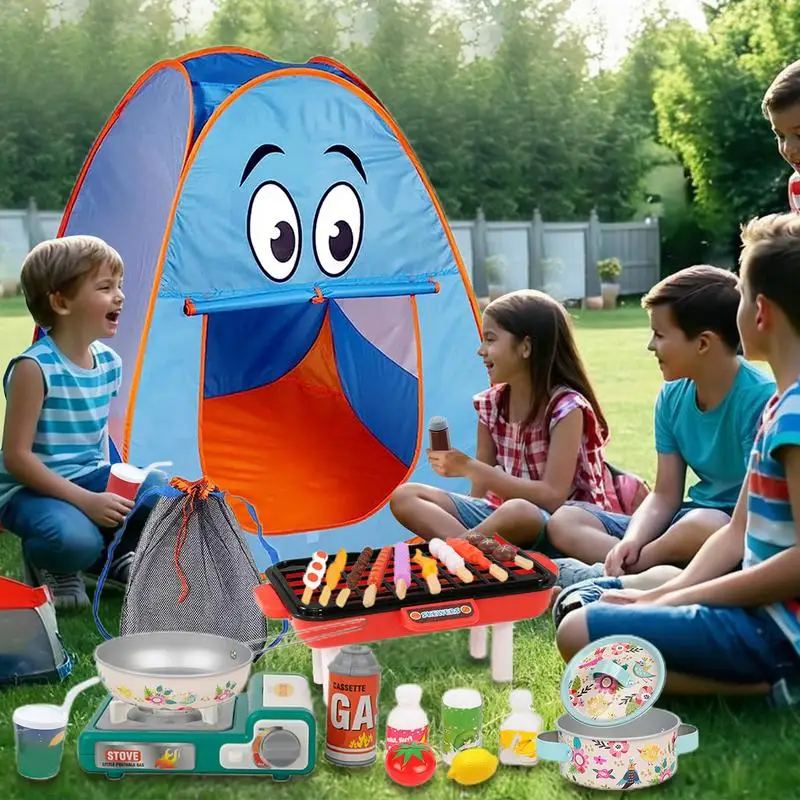 Conjunto de acampamento com Play Tent para crianças, brinquedo ao ar livre com simulação de alimentos, pote, 3 anos indoor, 40pcs