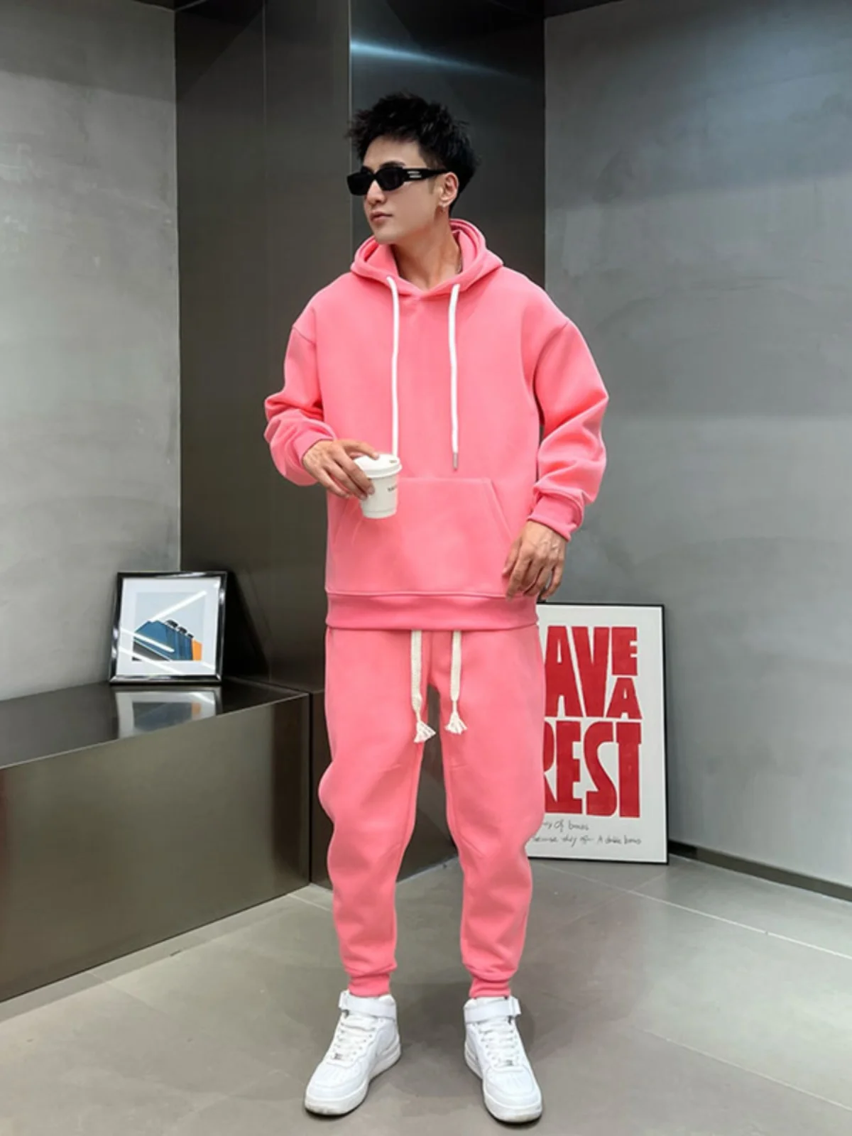 

Men's Hoodie Set Pink Two-Piece Casual Faionable Sportswear Comfortable Long Sve Long Pants Youth Winter Collection
