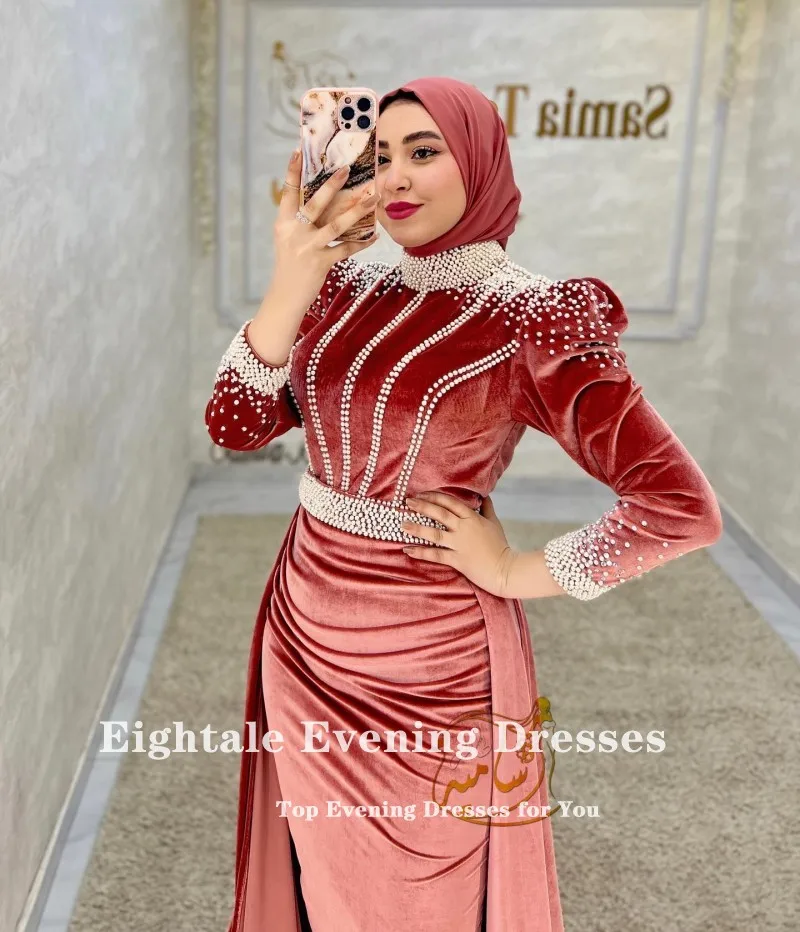 Eightale Long Luxury Evening Dresses Muslim High Neck Beaded with Pearls Mermaid Arabic Prom Gown Wedding Party Dress Velvet