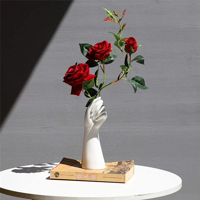 9Inch Modern Art  Flower Vase Hand Holding Plants Flower Container, For Home Office, White