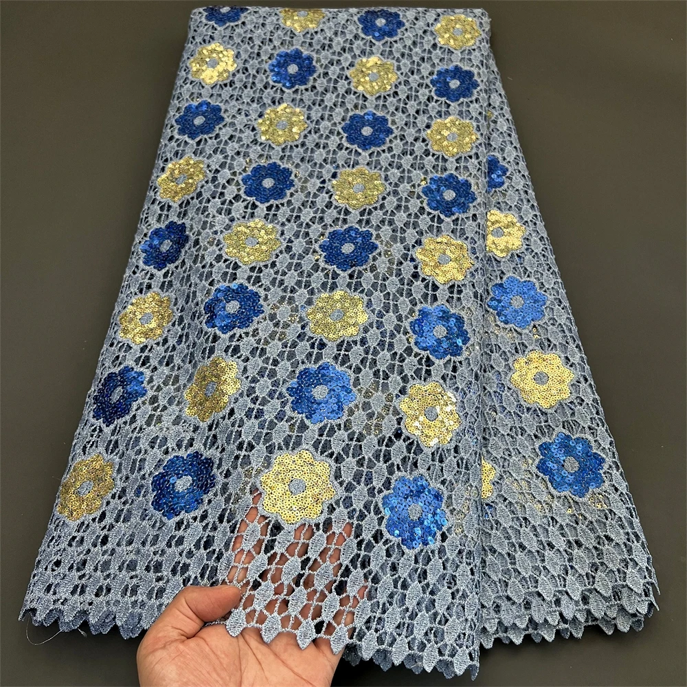 2024 High Quality African Nigerian Embroidery Tulle Cotton Lace Fabric Wedding Party Golden Dress Damask Sequins 5Yard PS0030
