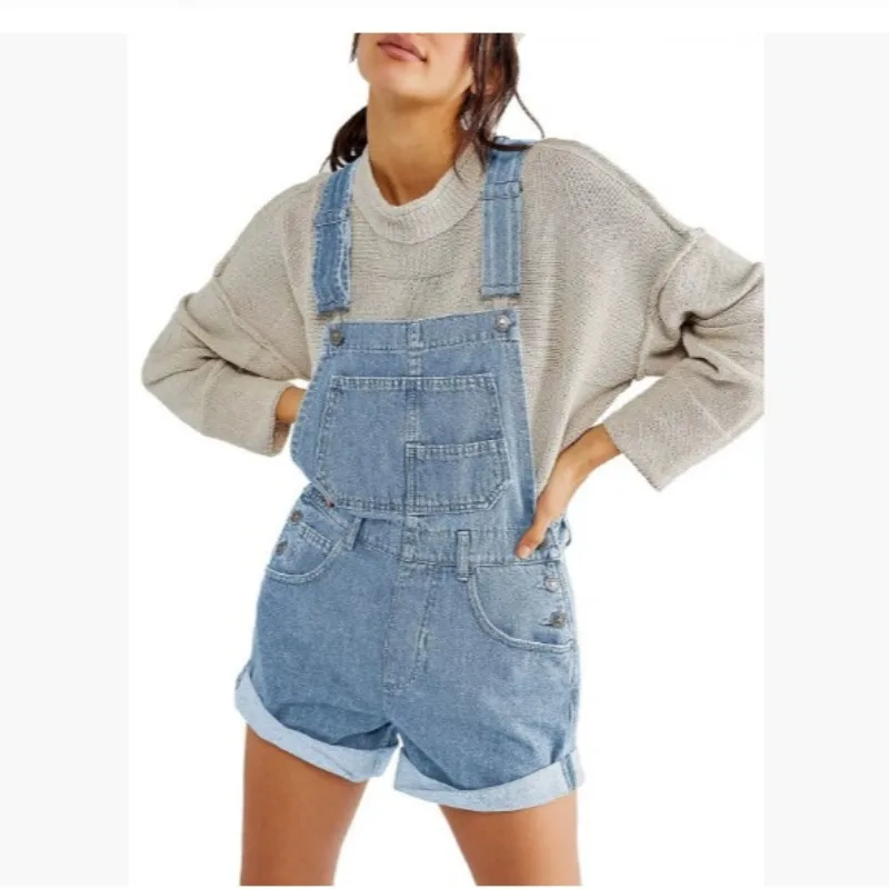 Vêtements pour femmes européennes et américaines, nouvelle mode décontractée, polyvalente, couleur unie, bretelles personnalisées, salopette en Denim ample, short