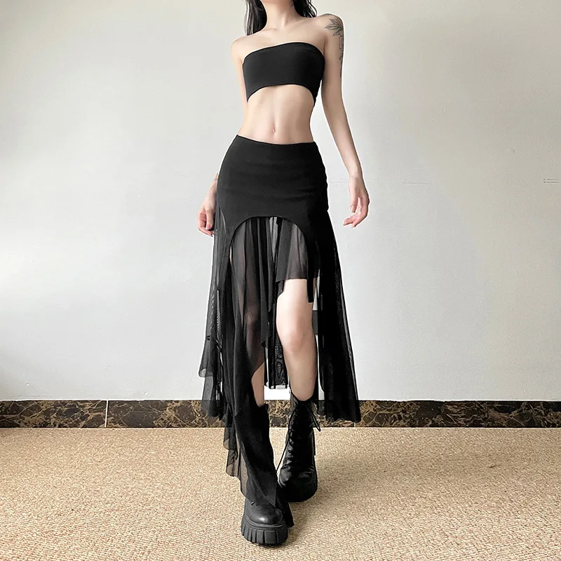 Goth rok Mid Hem tidak beraturan, rok Punk untuk wanita, bawahan Alt perca, mode Streetwear jala, rok Tengah, Hem tidak beraturan, Cyber, Y2K