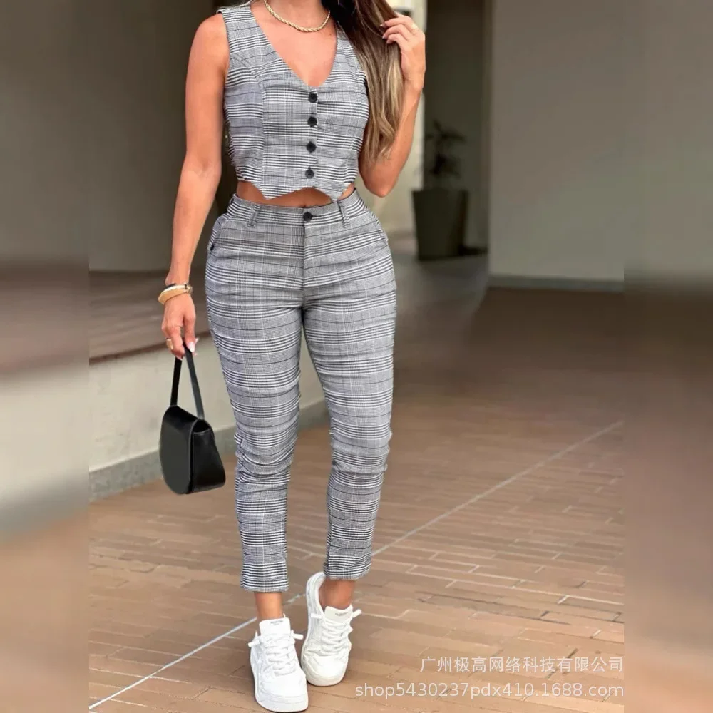 

2 Pieces Plaid Print V Neck Button Front Sleeveless Tank with Lining and Casua Strechy Waist Pocket Design Slim Fit Pants Set