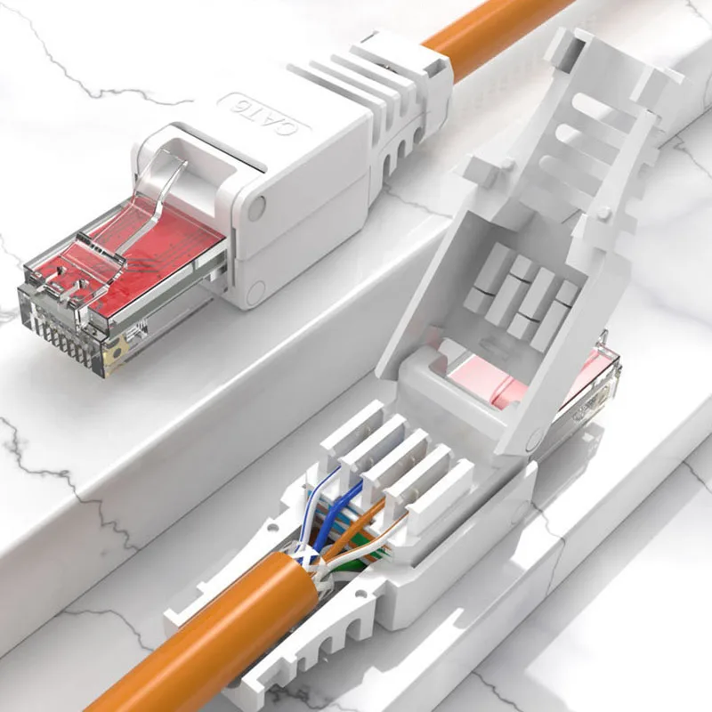 2 Buah Konektor Cat5E Cat6 RJ45 Modular Tanpa Alat Penekan Kawat Tanpa Pelindung Pelapisan Emas Kepala Kristal Jaringan Dapat Digunakan Kembali