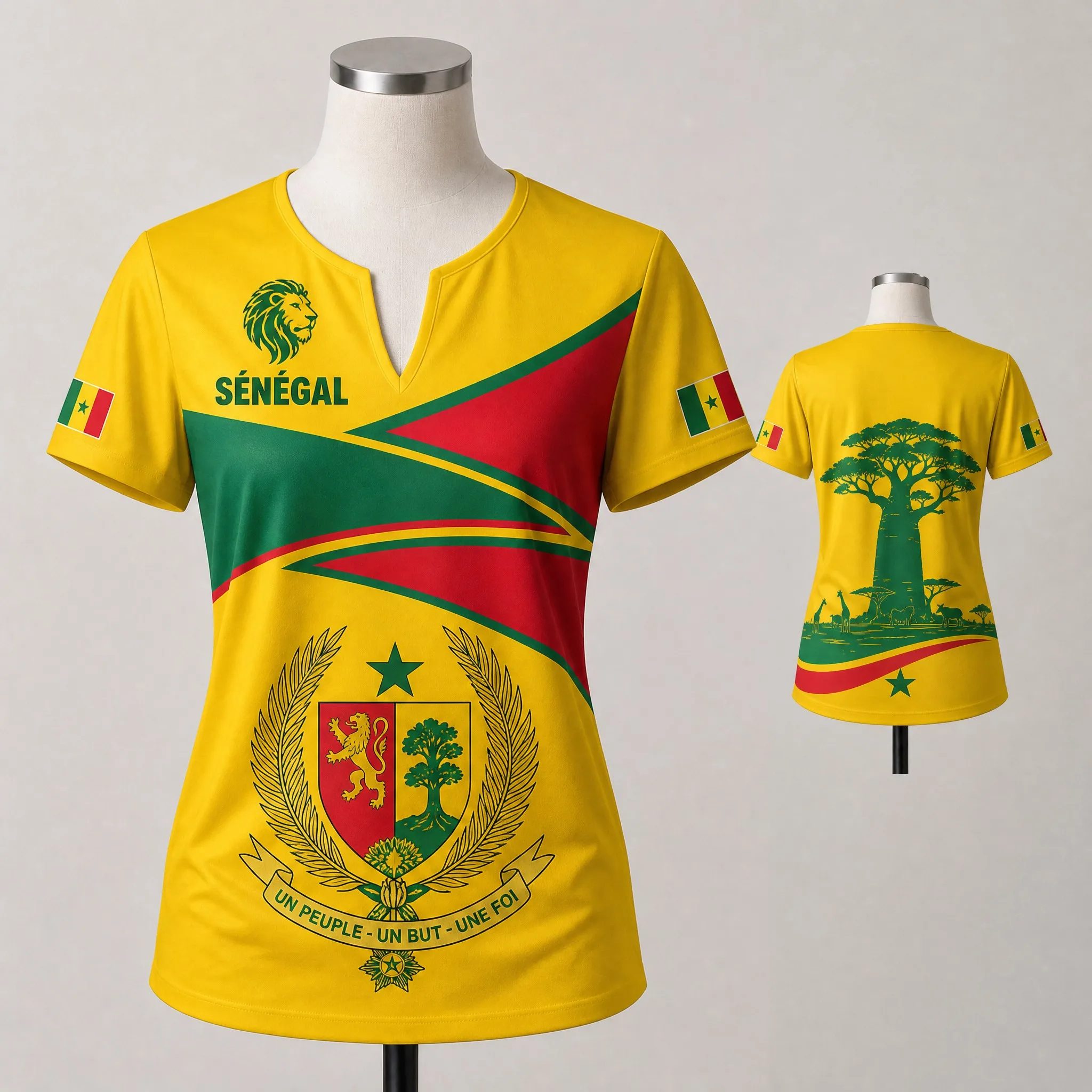 Womens Senegal Small V Neck T Shirt Yellow Crest Tree Star Print Casual Summer Short Sleeve Top Heritage Pride Daily Outfit Wear