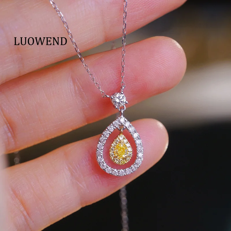 LUOWEND 100% 18K White Gold Necklace Fashion INS Style Real Natural Yellow Diamond Pendant Necklace for Women Christmas Gift