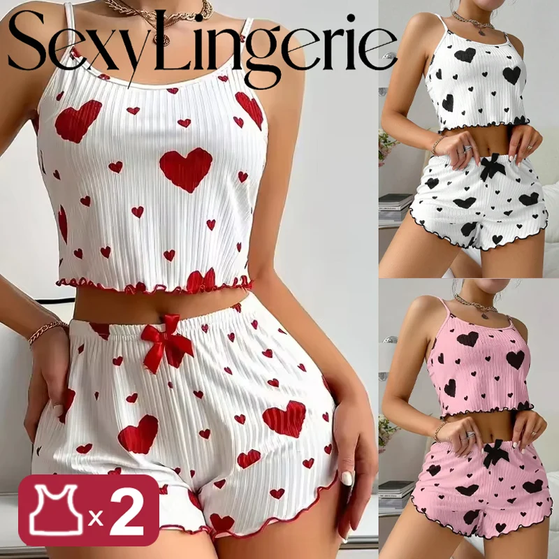 

2 Sets Heart Print Pajama Set Women Ribbed Sleepwear Cami Top and Shorts Cute Bow Loungewear Soft Comfortable Nightwear Sets New