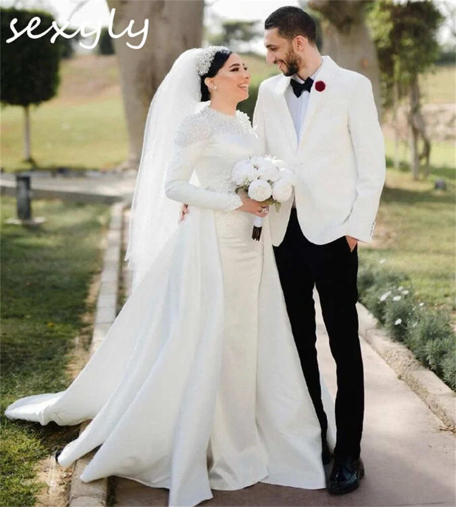 Romantic Mermaid Pearls Wedding Dress With Overskirt Train O Neck Long Sleeve Satin Country Bridal Dress 2024 Elegant Bride Gown