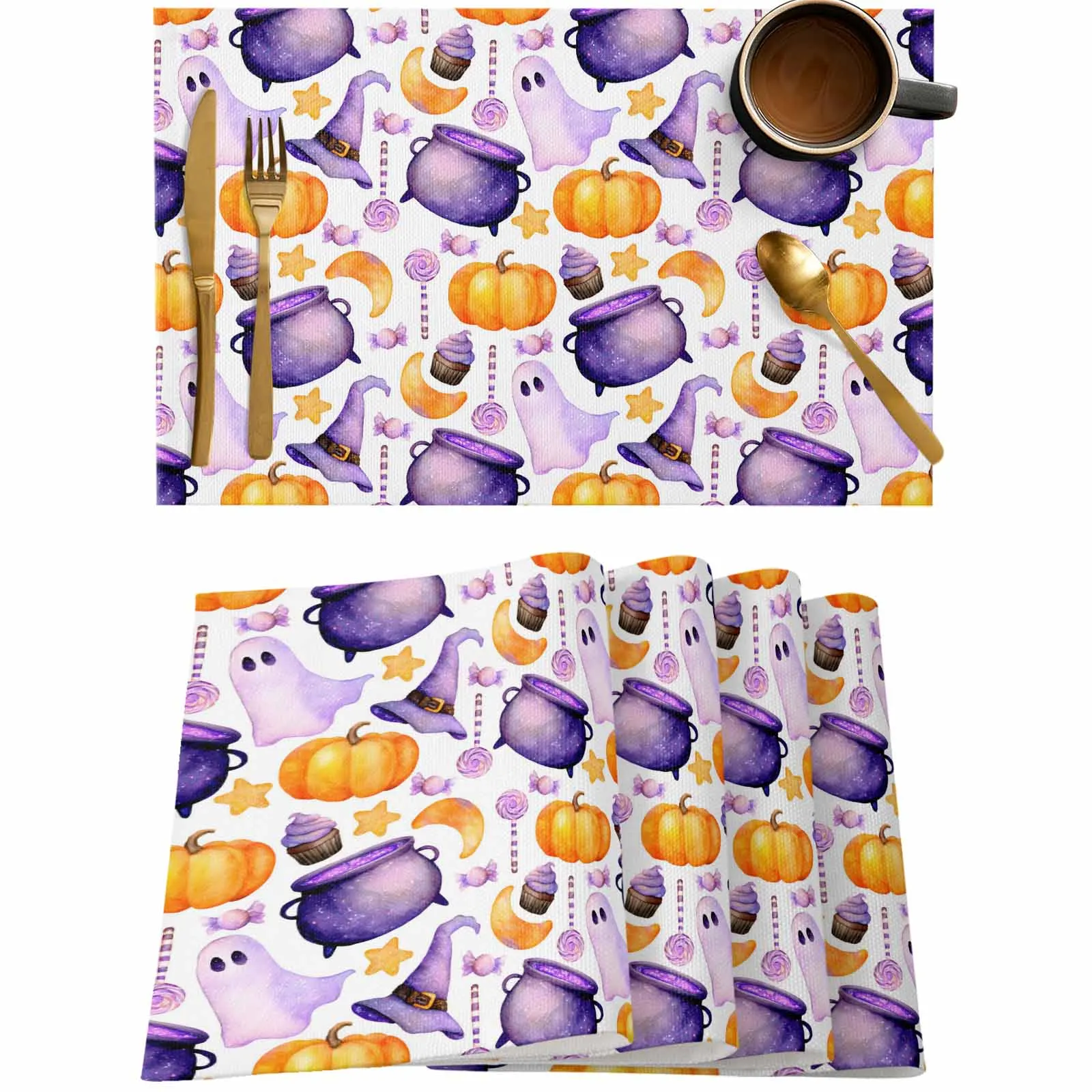 

4/6 Pcs Halloween Magic Hat Ghost Pumpkin Placemat Wedding Party Dining Decor Linen Table Mat Kitchen Accessories