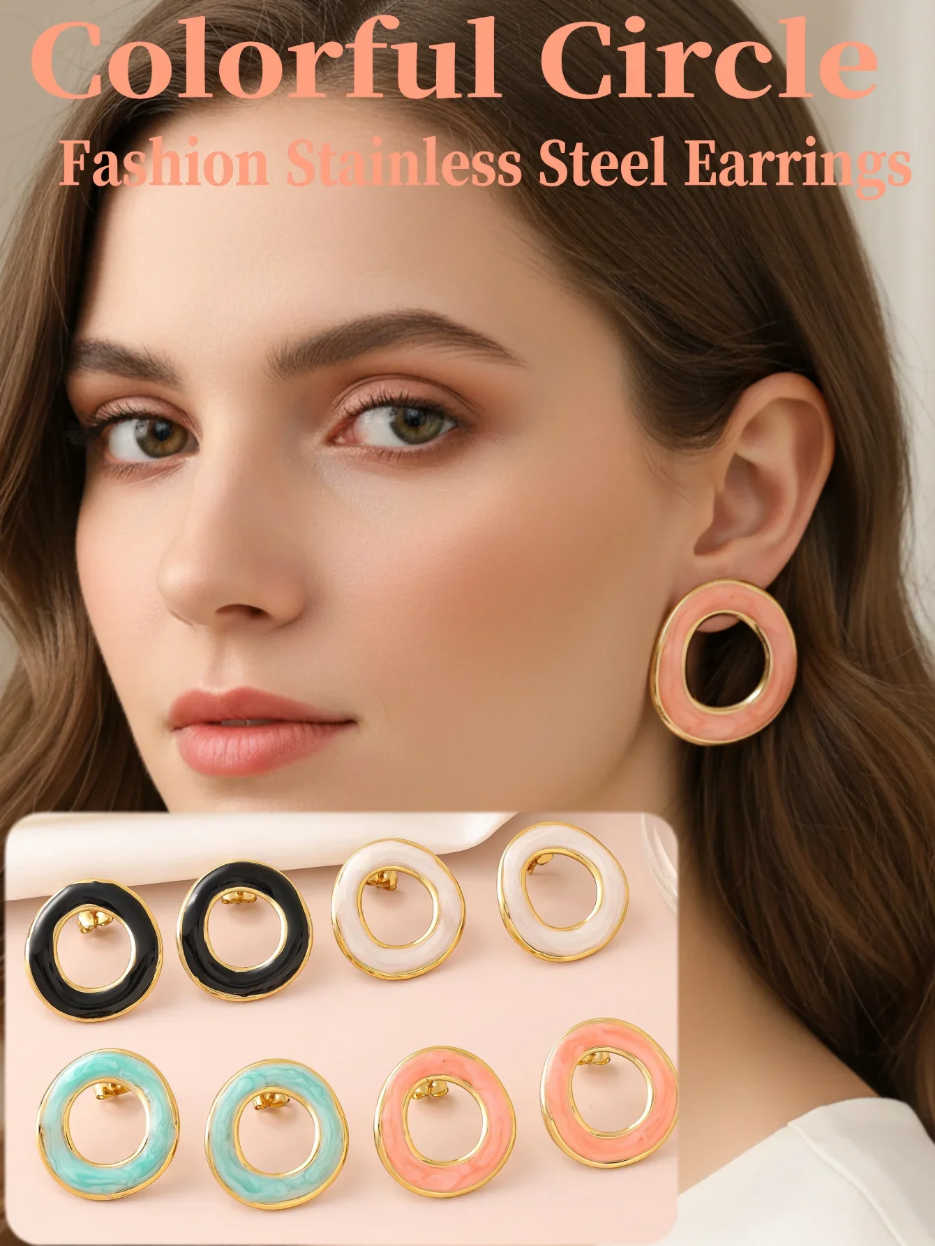 Brincos de Círculo Coloridos com Esmalte Geométrico para Mulheres, Joias em Aço Inoxidável Banhadas a Ouro, Brincos Redondos Oco