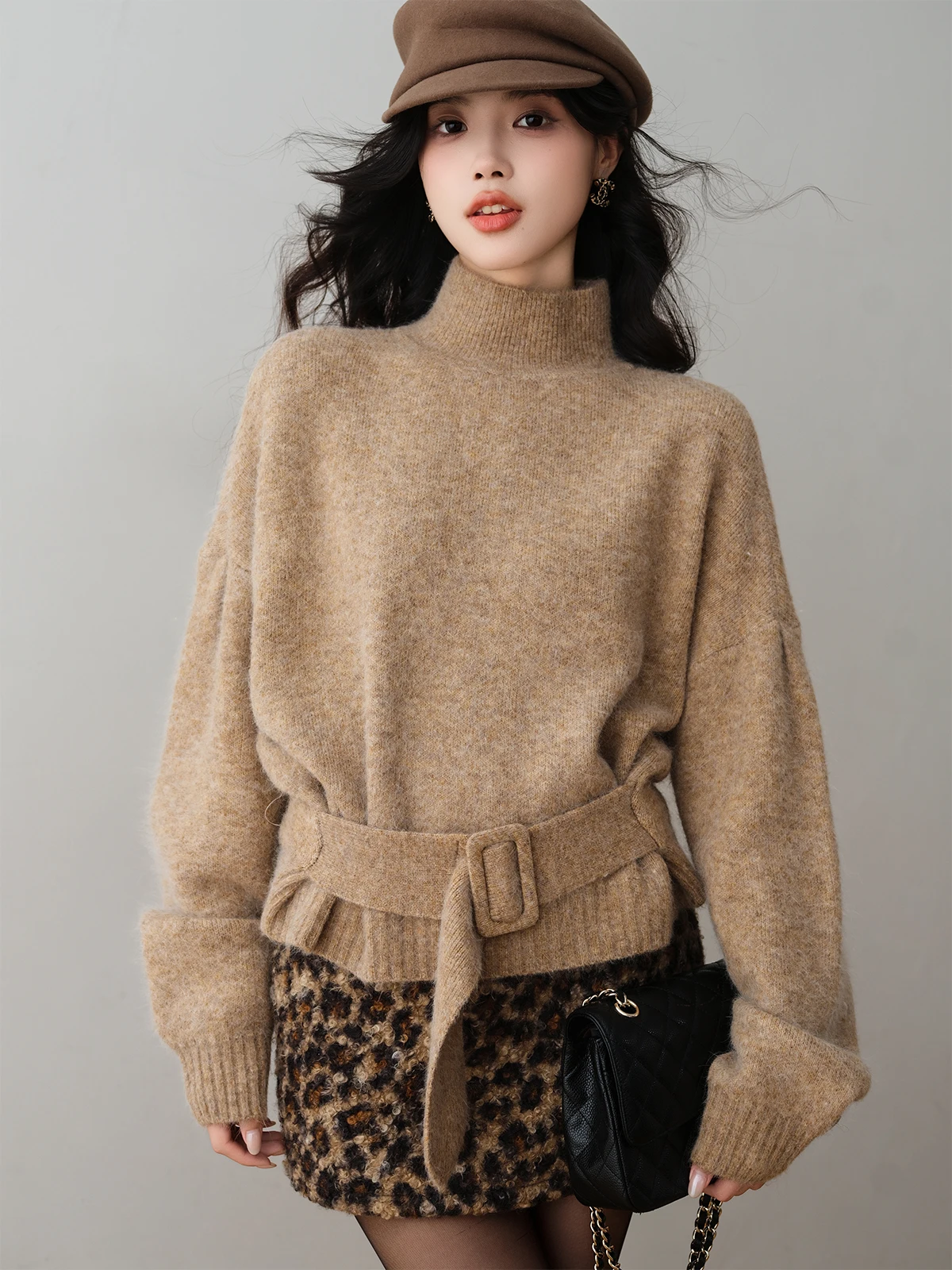 

Ronron Minimalist High Collar Knitted Sweater Women Long Sleeve Winter Slimming Waist Tie Shoulder Pad Sweater Elegant Style