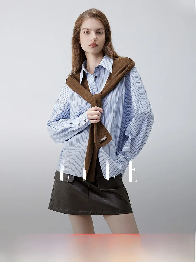 

Retro Striped Loose Casual Shirt Women's ELLE Shoulder Wrap Spring 2026 New Style Cotton Long Sleeve Business Lady Shirt