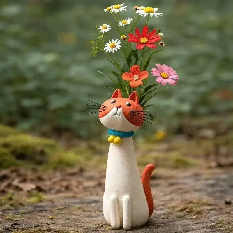 Long Neck Cat Shaped Resin Vase Cute Animal Figurine Small Flower Holder Home Tabletop Decorative Ornament