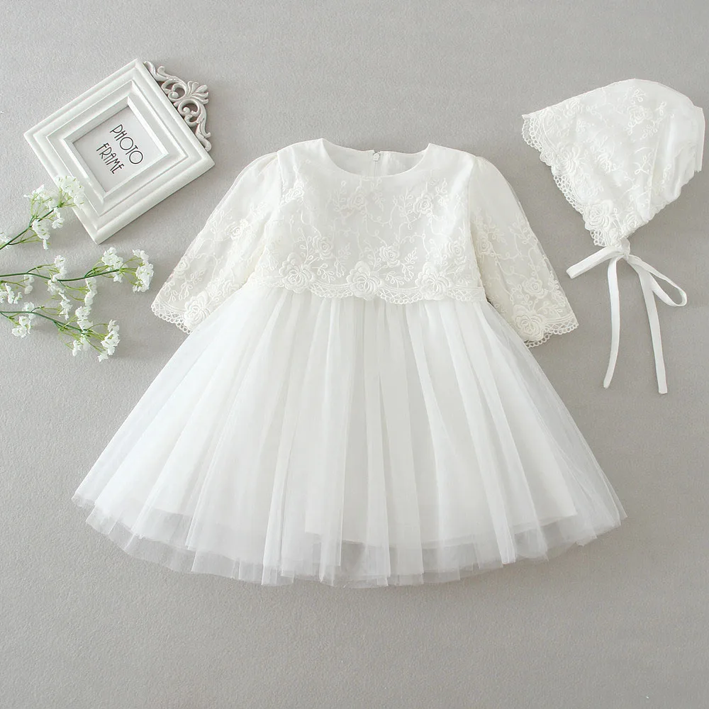 

Infant White Clothes Toddlers‘ Christening Dress Long Sleeves with Hat Baby Girl Elegant Dresses